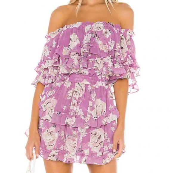 Misa Los Angeles Other - Misa Los Angeles Isella Dress Pink Navy Floral Tiered Ruffle Mini Dress Small